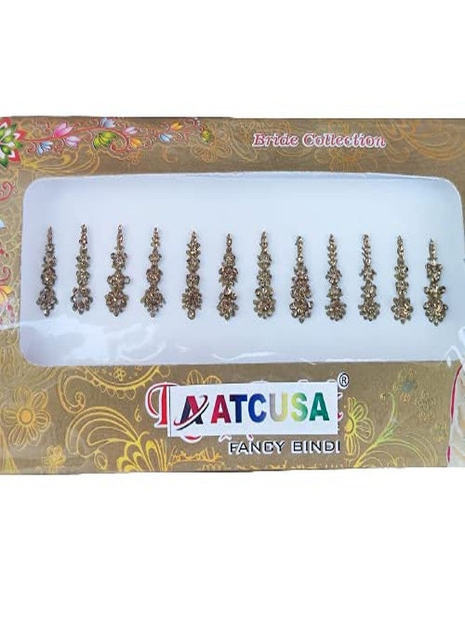 ATCUSA 12 Golden Long Crystal Bindi Bridal face Jewels Forehead Tika Indian Bindis for women bindi Indian multicolor round long small gold (Long 12 Bindi - Golden Color) - Image 1